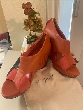 Cole Haan Coral Leather Wedge Sandals with Gold Logo